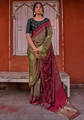 Olive Printed Viscose Silk Blend Saree Set