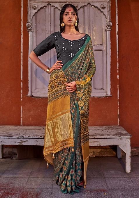 Green Printed Viscose Silk Saree Set — view on Indya