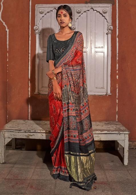Red Printed Viscose Silk Saree Set — view on Indya
