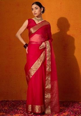 Red Printed Organza Saree Set
