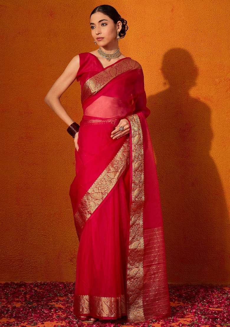 Red Printed Organza Saree Set - Indya