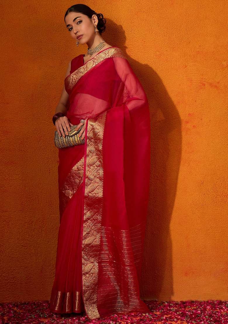 Red Printed Organza Saree Set - Indya