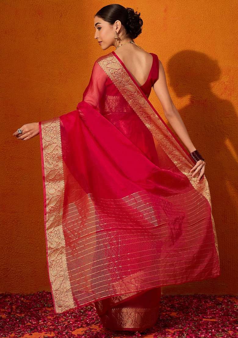 Red Printed Organza Saree Set - Indya