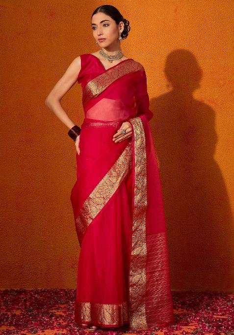 Red Printed Organza Saree Set — view on Indya