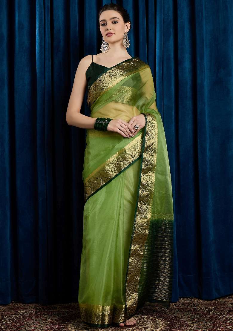 Light Green Printed Organza Saree Set - Indya