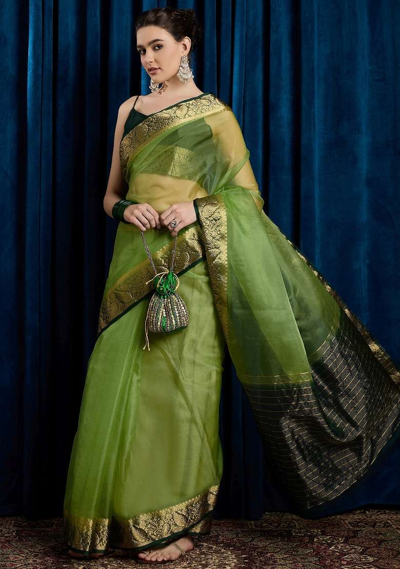 Light Green Printed Organza Saree Set - Indya