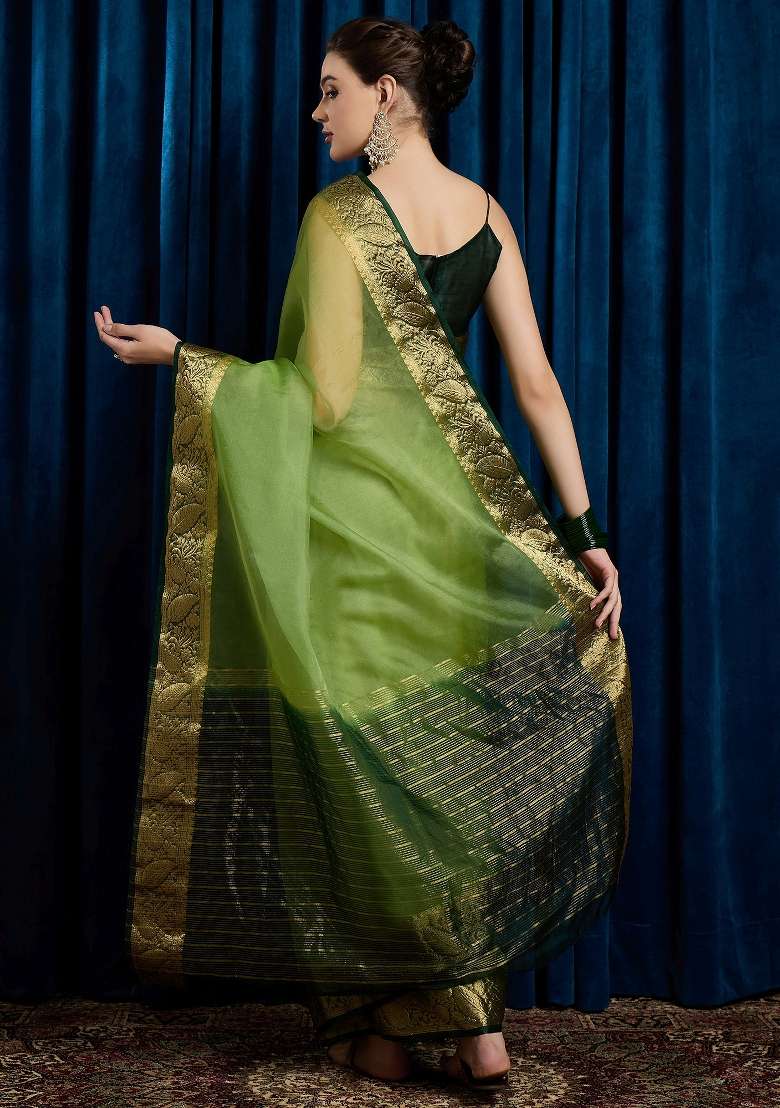 Light Green Printed Organza Saree Set - Indya