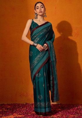 Teal Blue Printed Cotton Saree Set
