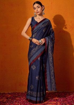 Purple Printed Cotton Saree Set