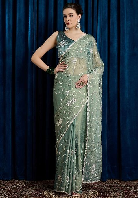 Sea Green Printed Chiffon Saree Set — view on Indya