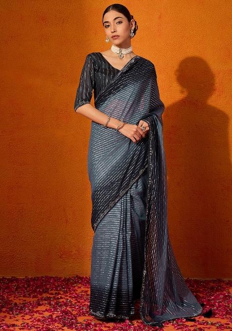 Grey Printed Chiffon Saree Set — view on Indya