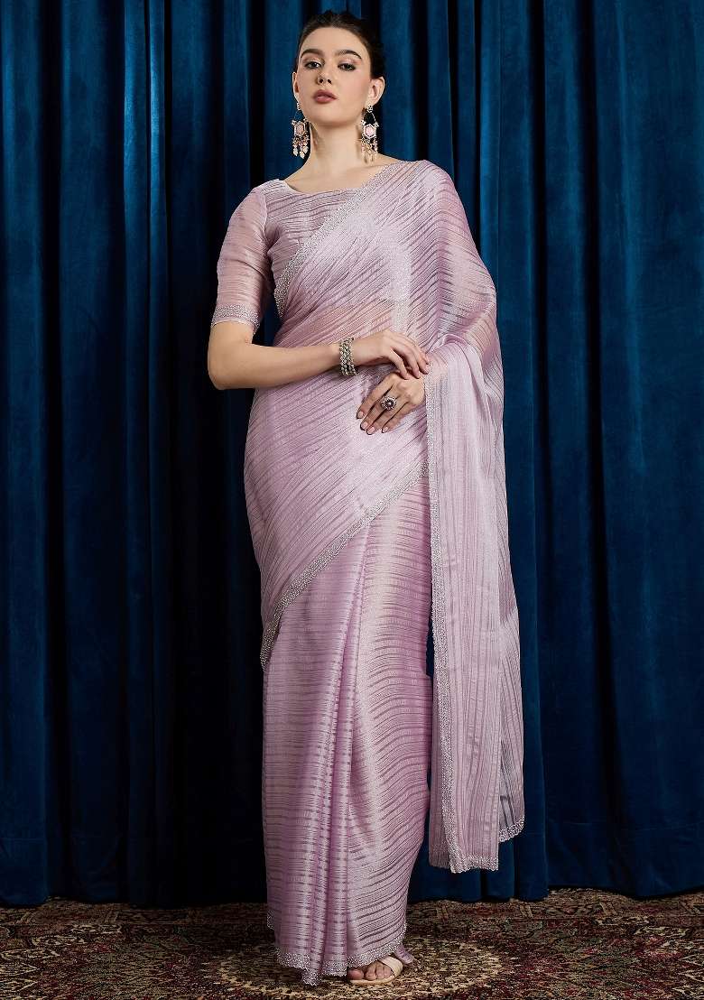 Lavender Printed Georgette Saree Set for Diwali and Festive Wear - Indya
