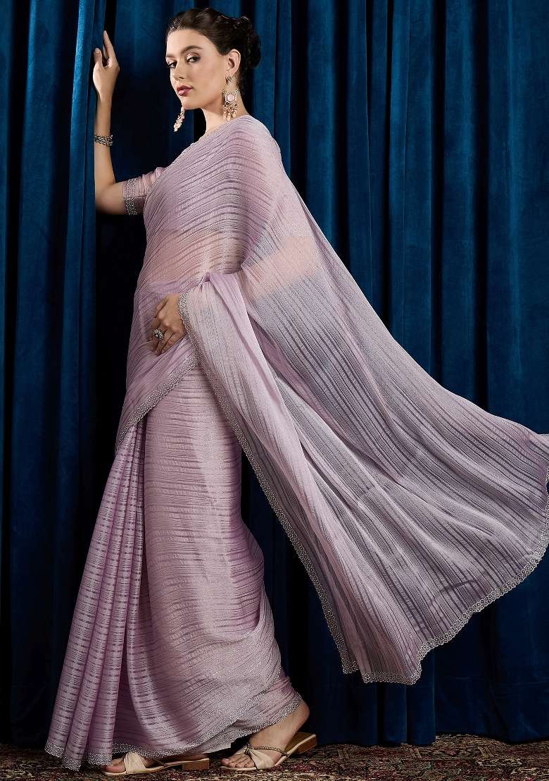 Lavender Printed Georgette Saree Set for Diwali and Festive Wear - Indya