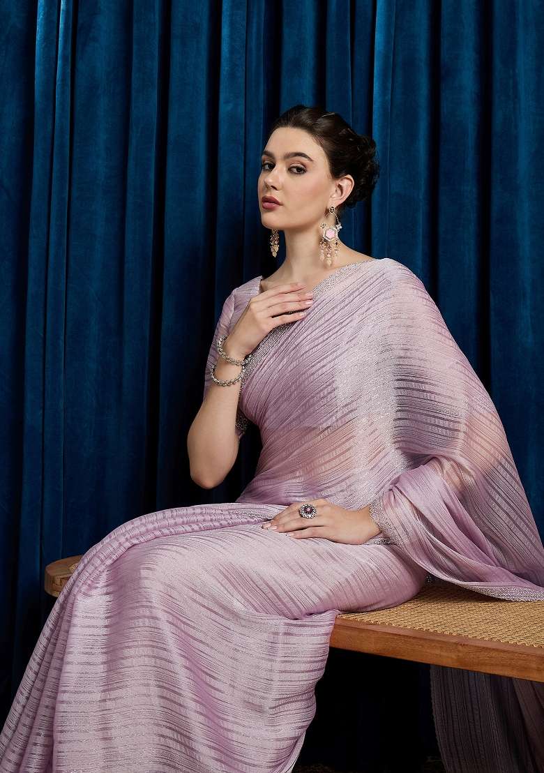 Lavender Printed Georgette Saree Set for Diwali and Festive Wear - Indya