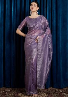 Lavender Printed Paper Silk Saree Set