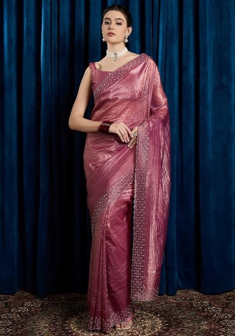 Pink Printed Paper Silk Saree Set — view on Indya