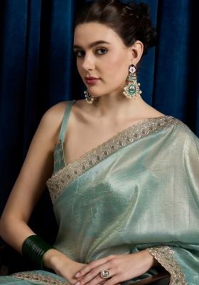 Sea Green Printed Paper Silk Blend Saree Set