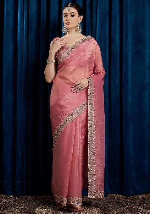 Pink Printed Paper Silk Saree Set — view on Indya
