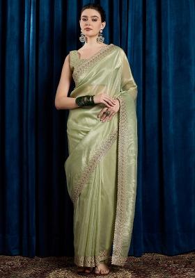 Light Green Printed Paper Silk Blend Saree Set
