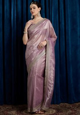 Lavender Printed Paper Silk Saree Set