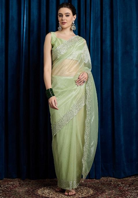 Light Green Printed Net Saree Set — view on Indya
