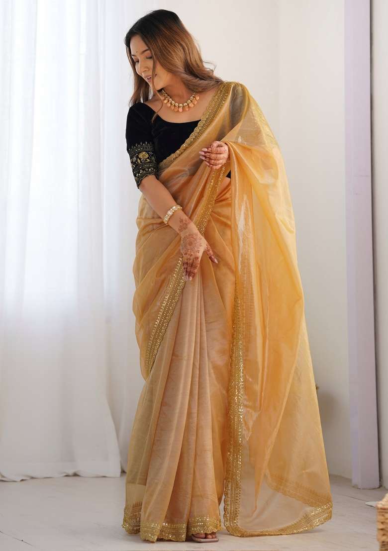 Gold Printed Net Saree Set for Diwali and Festive Wear - Indya