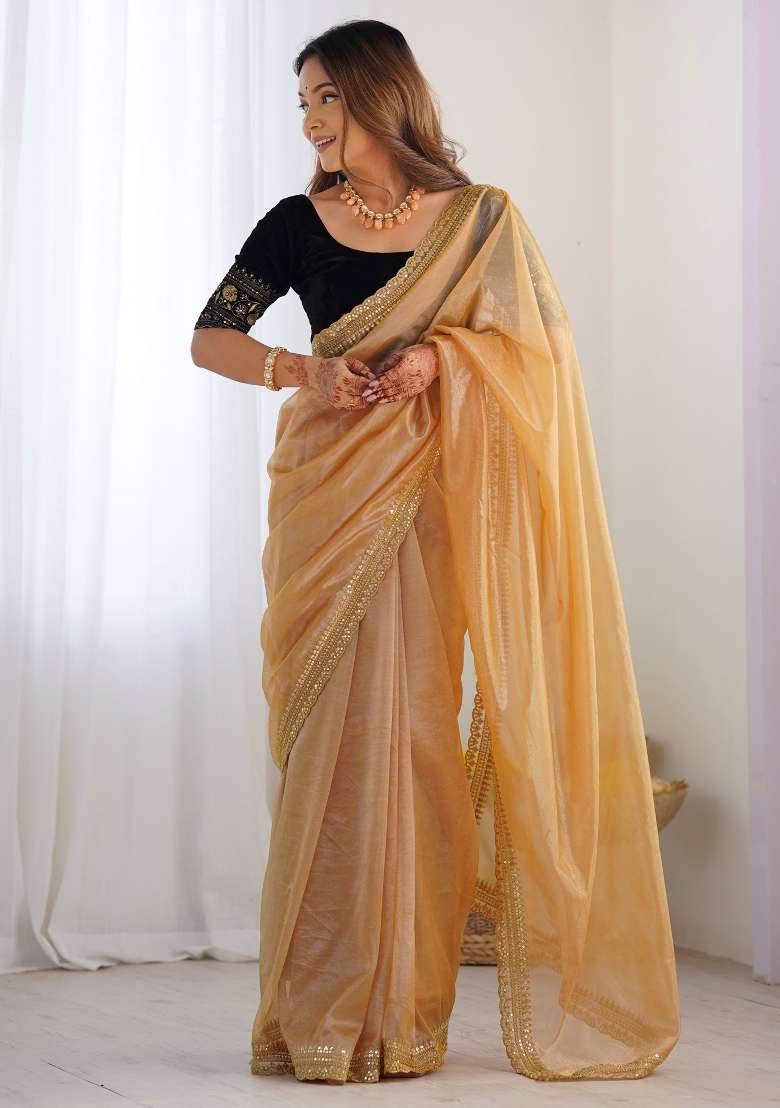 Gold Printed Net Saree Set for Diwali and Festive Wear - Indya
