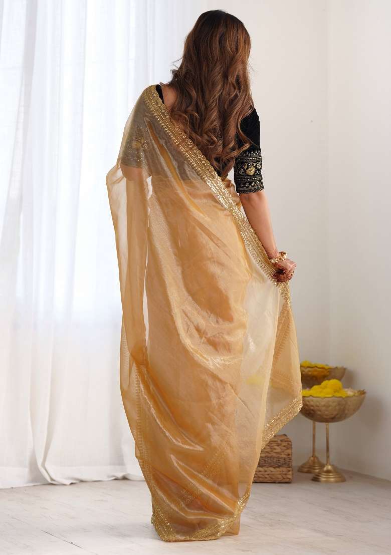 Gold Printed Net Saree Set for Diwali and Festive Wear - Indya