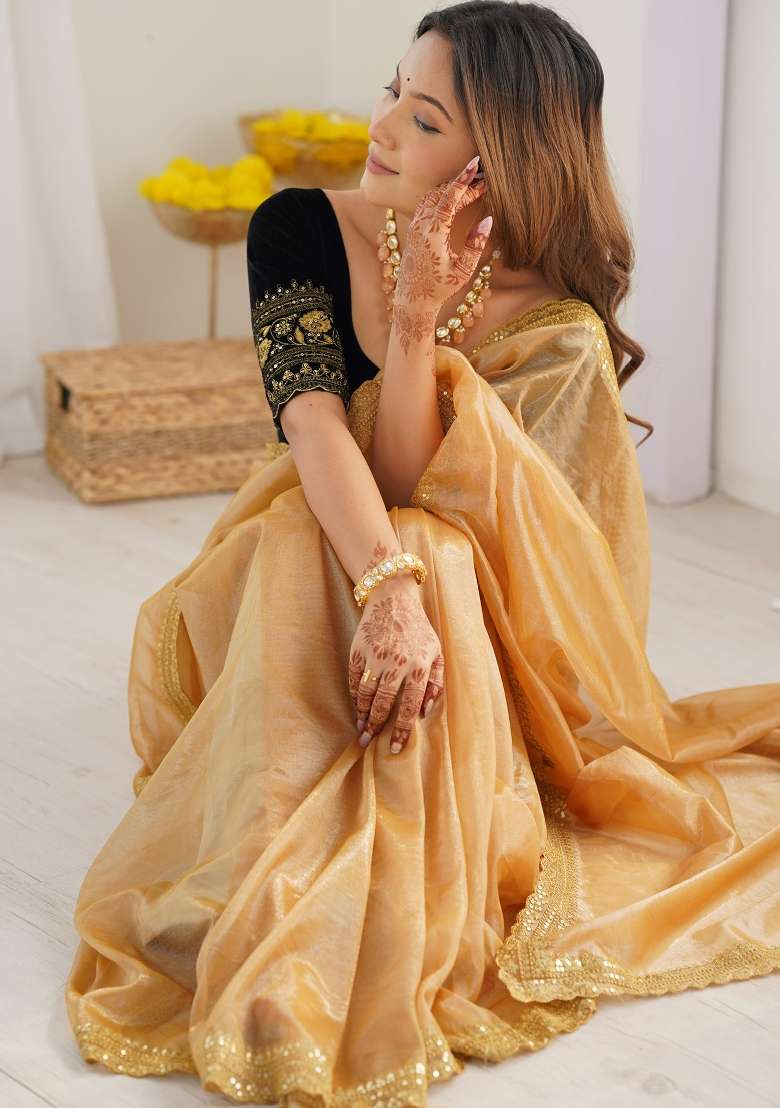 Gold Printed Net Saree Set for Diwali and Festive Wear - Indya