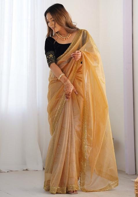 Gold Printed Net Saree Set — view on Indya
