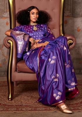 Purple Printed Satin Silk Saree Set