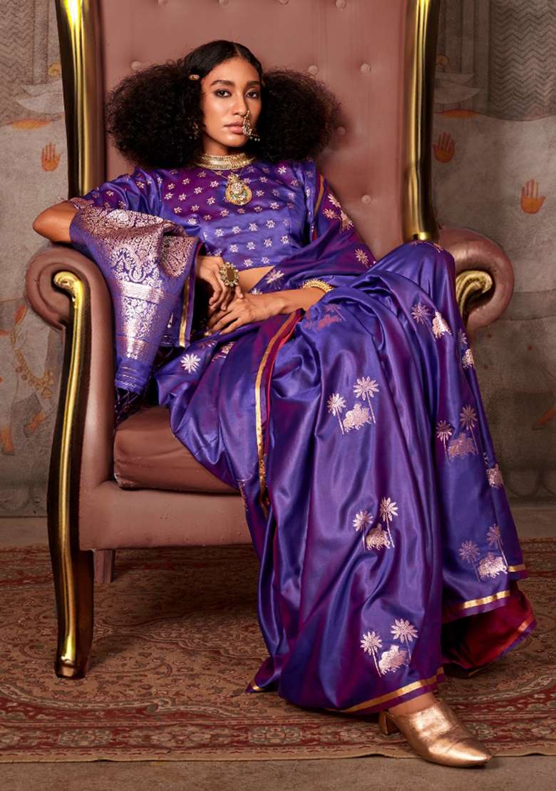 Purple Printed Satin Silk Blend Saree Set for Diwali and Festive Wear - Indya