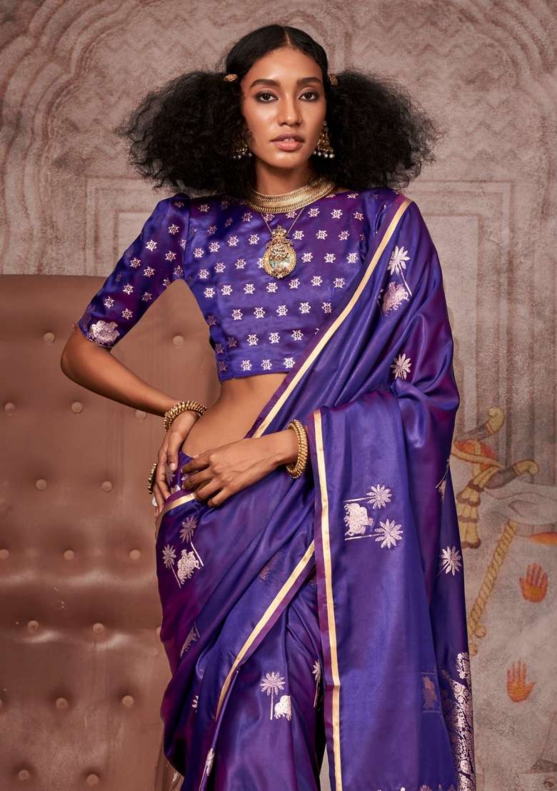 Purple Printed Satin Silk Blend Saree Set for Diwali and Festive Wear - Indya