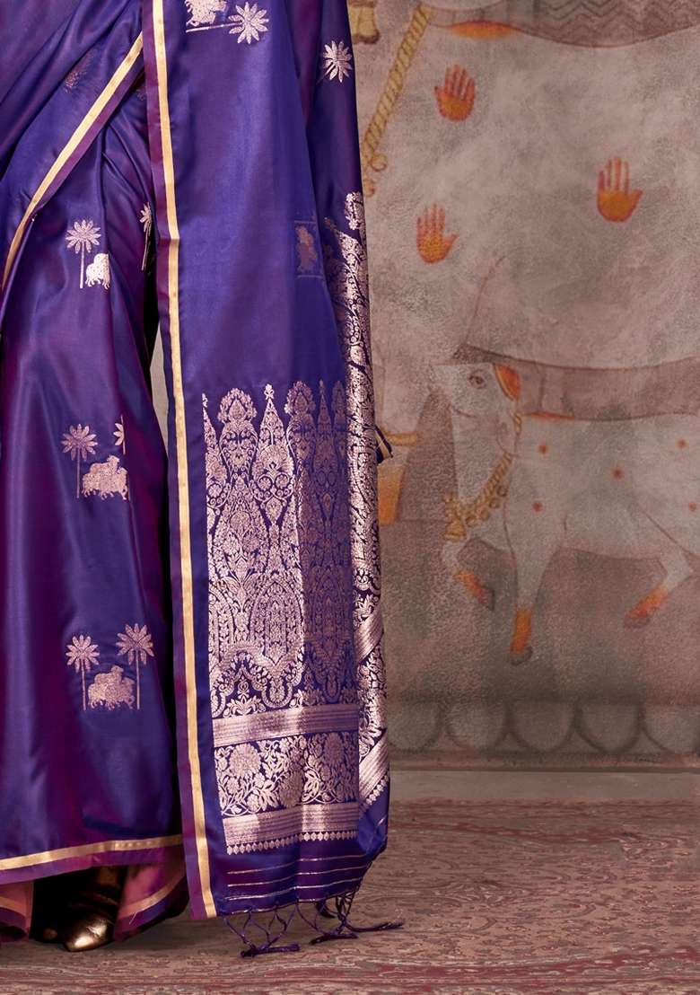 Purple Printed Satin Silk Blend Saree Set for Diwali and Festive Wear - Indya