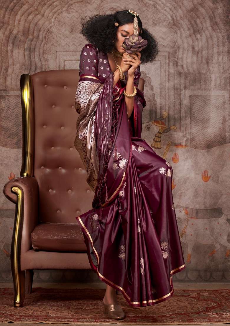 Burgundy Satin Silk Saree Set with Printed for Diwali | Wedding & Festive Wear - Indya