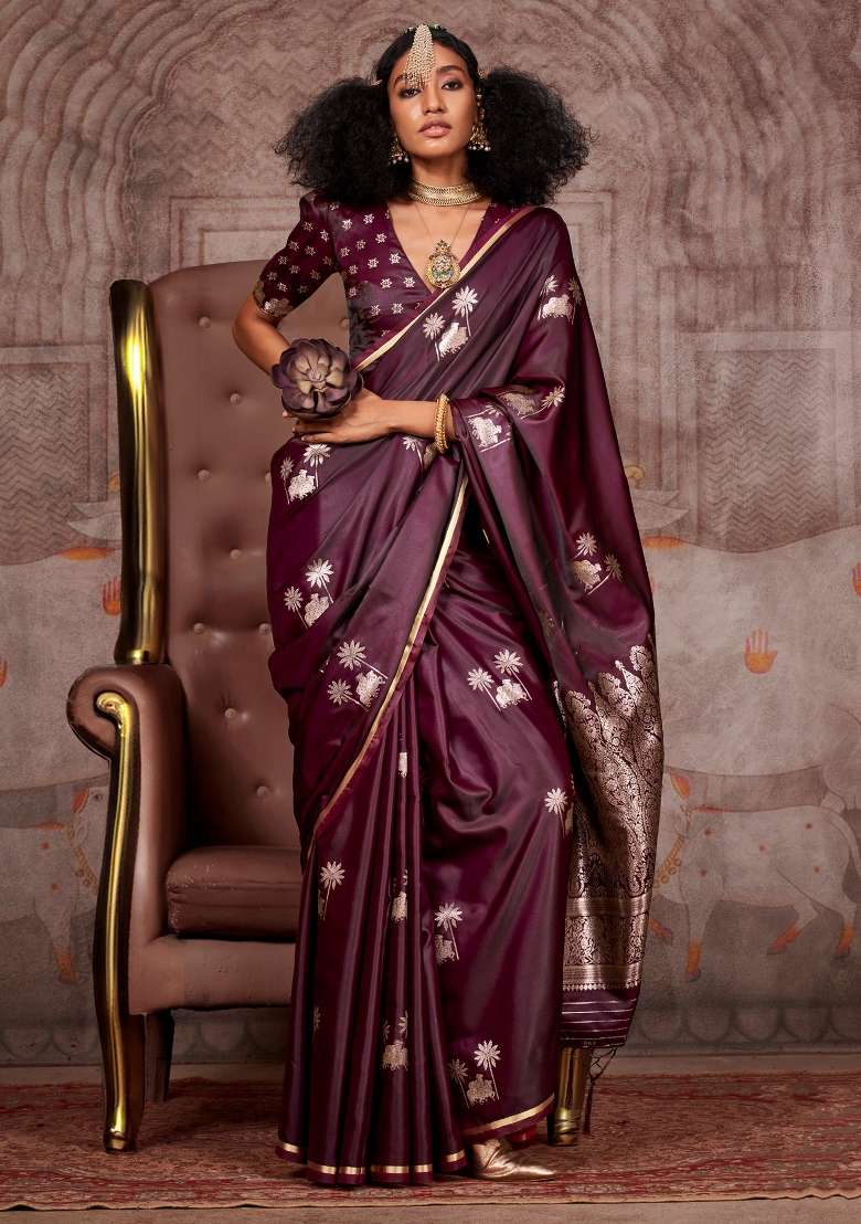 Burgundy Satin Silk Saree Set with Printed for Diwali | Wedding & Festive Wear - Indya