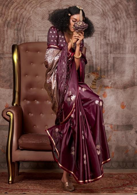 Burgundy Printed Satin Silk Saree Set