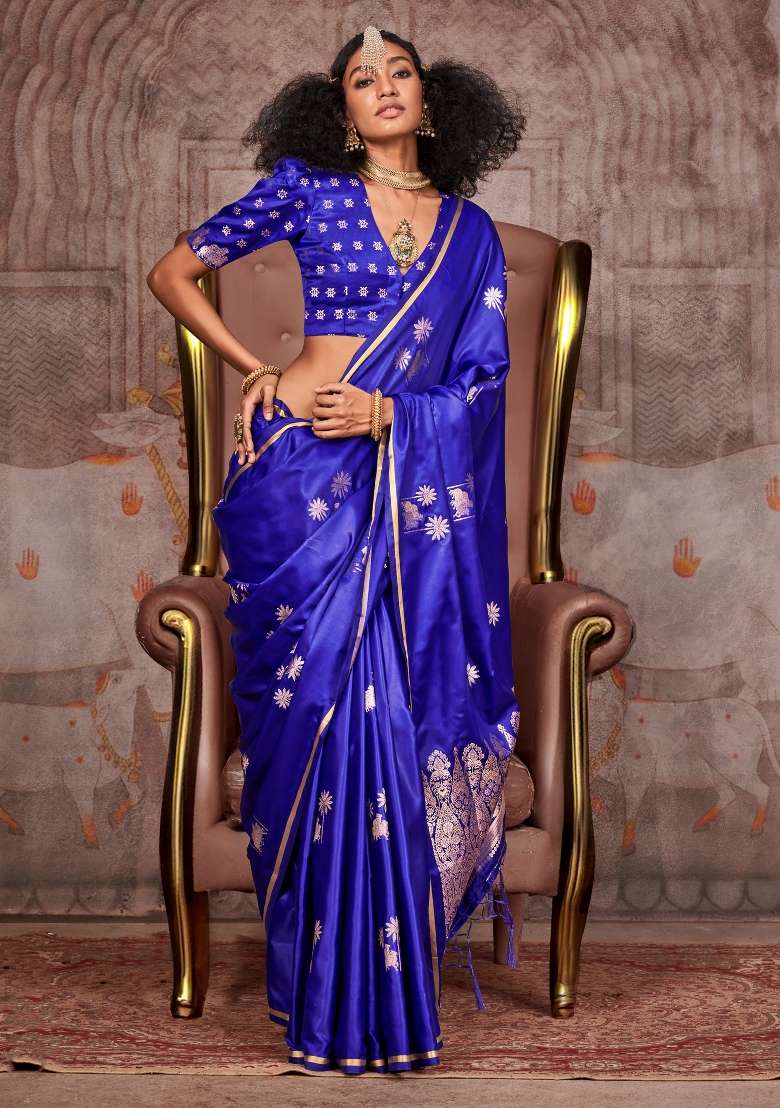 Blue Printed Satin Silk Blend Saree Set - Indya