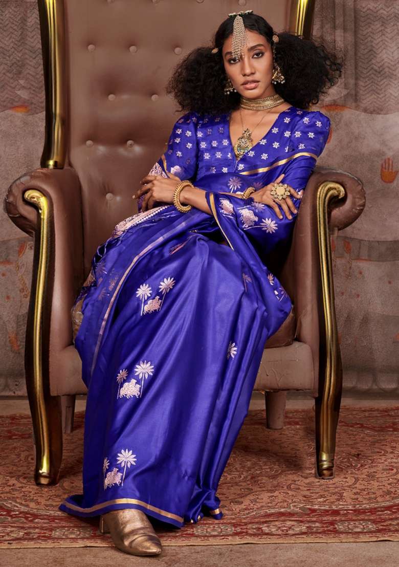 Blue Printed Satin Silk Blend Saree Set - Indya