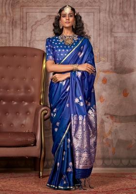 Navy Blue Printed Satin Silk Saree Set