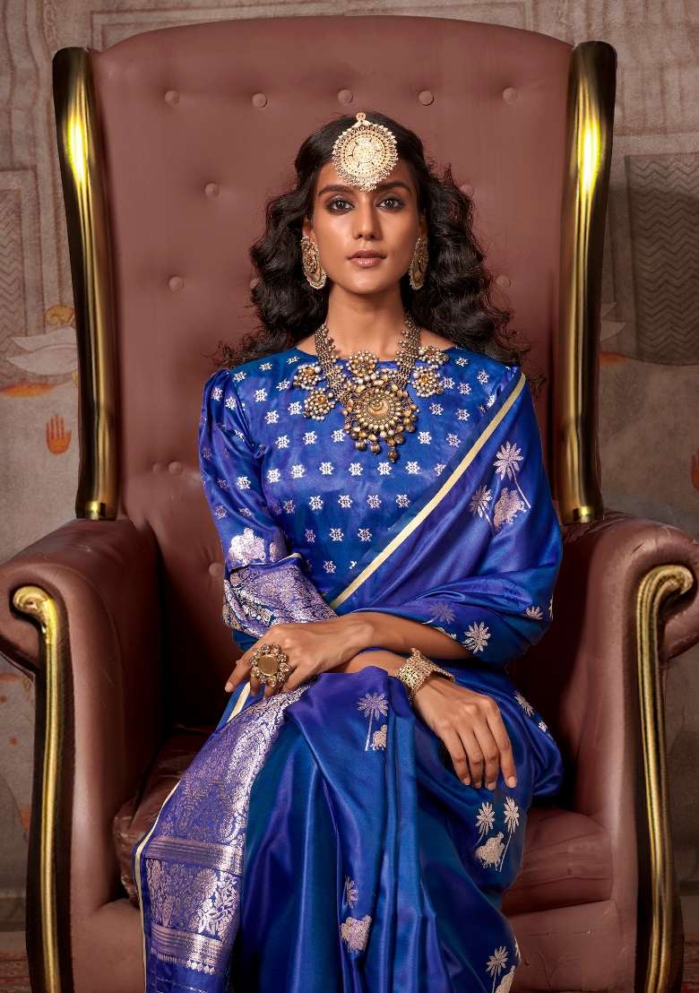 Navy Blue Printed Satin Silk Blend Saree Set - Indya