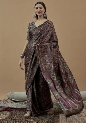 Charcoal Grey Printed Pure Crepe Saree Set
