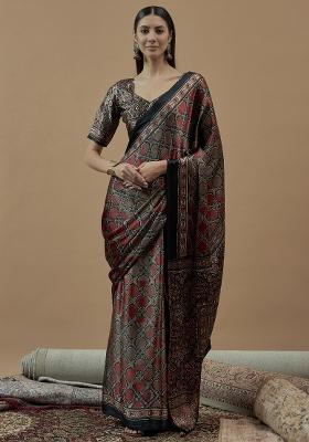 Grey Printed Pure Crepe Saree Set