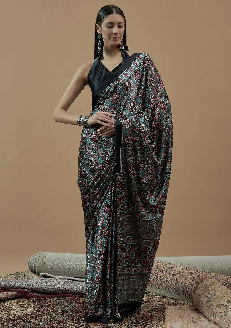 Sea Green Printed Pure Crepe Saree Set - Indya