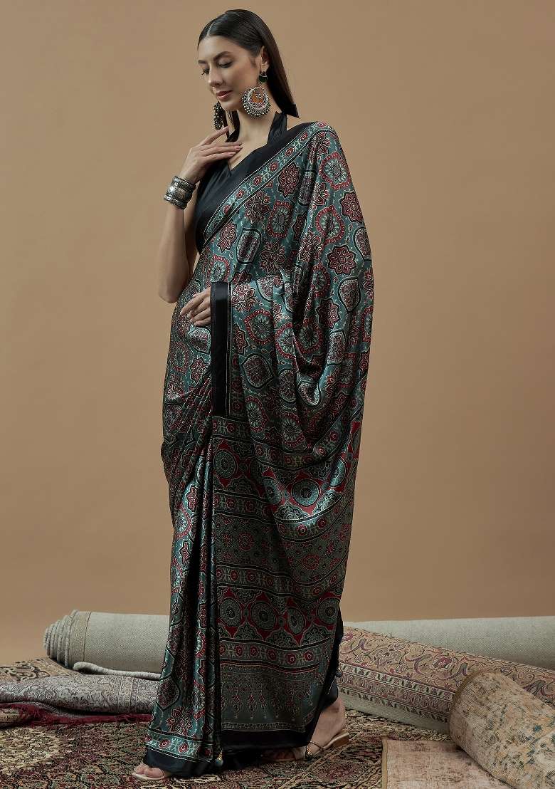 Sea Green Printed Pure Crepe Saree Set - Indya