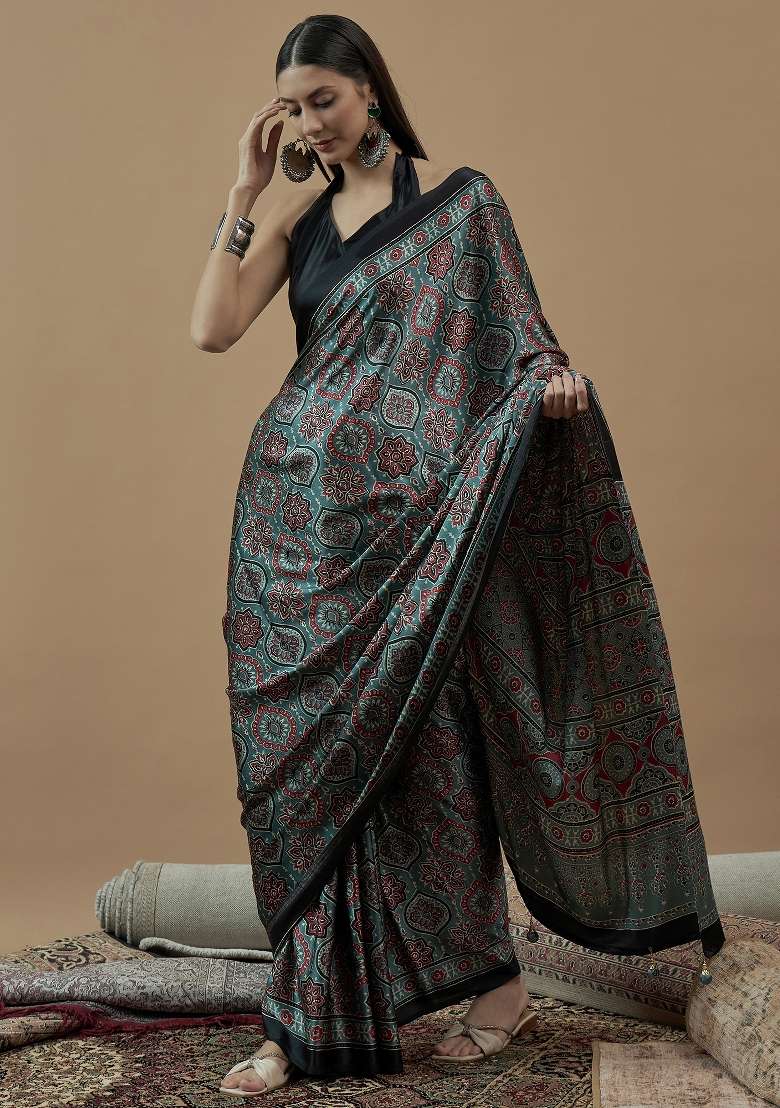 Sea Green Printed Pure Crepe Saree Set - Indya