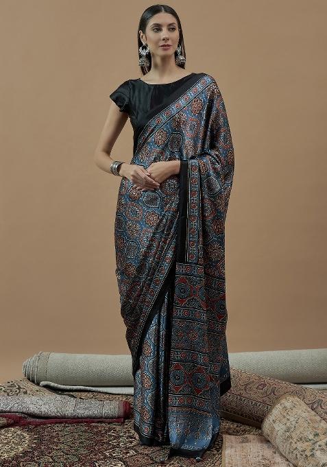 Blue Printed Pure Crepe Saree Set — view on Indya