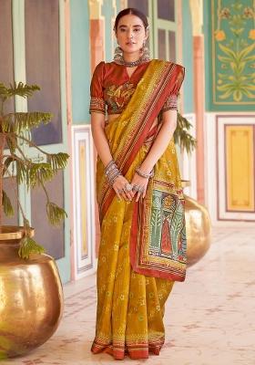 Mustard Printed Silk Blend Saree Set