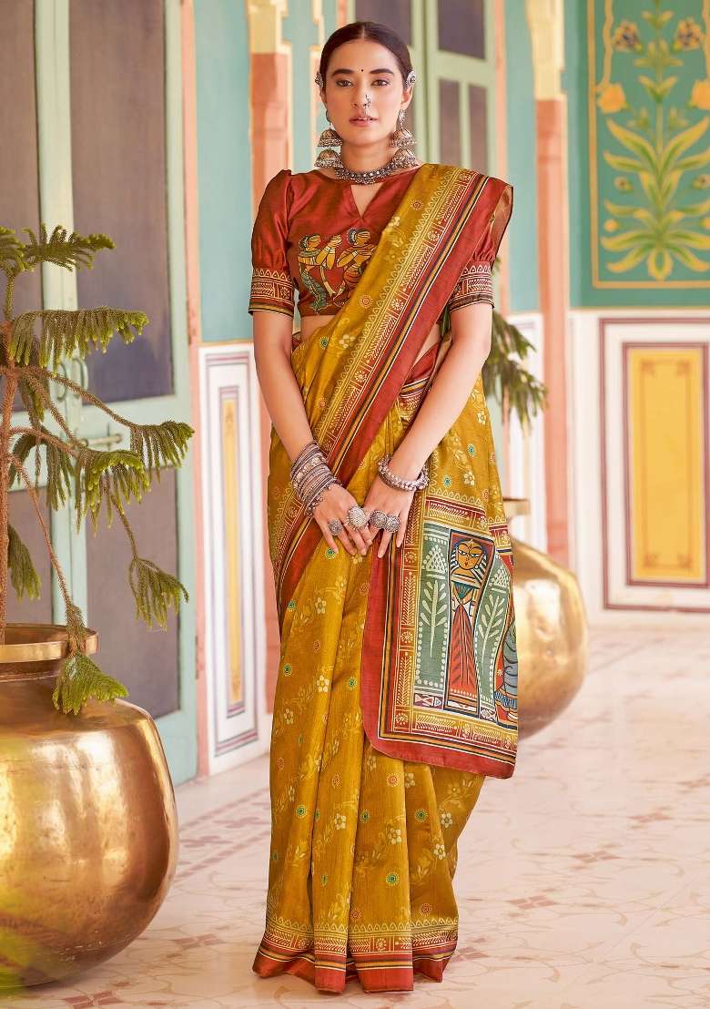 Mustard Printed Silk Blend Saree Set - Indya