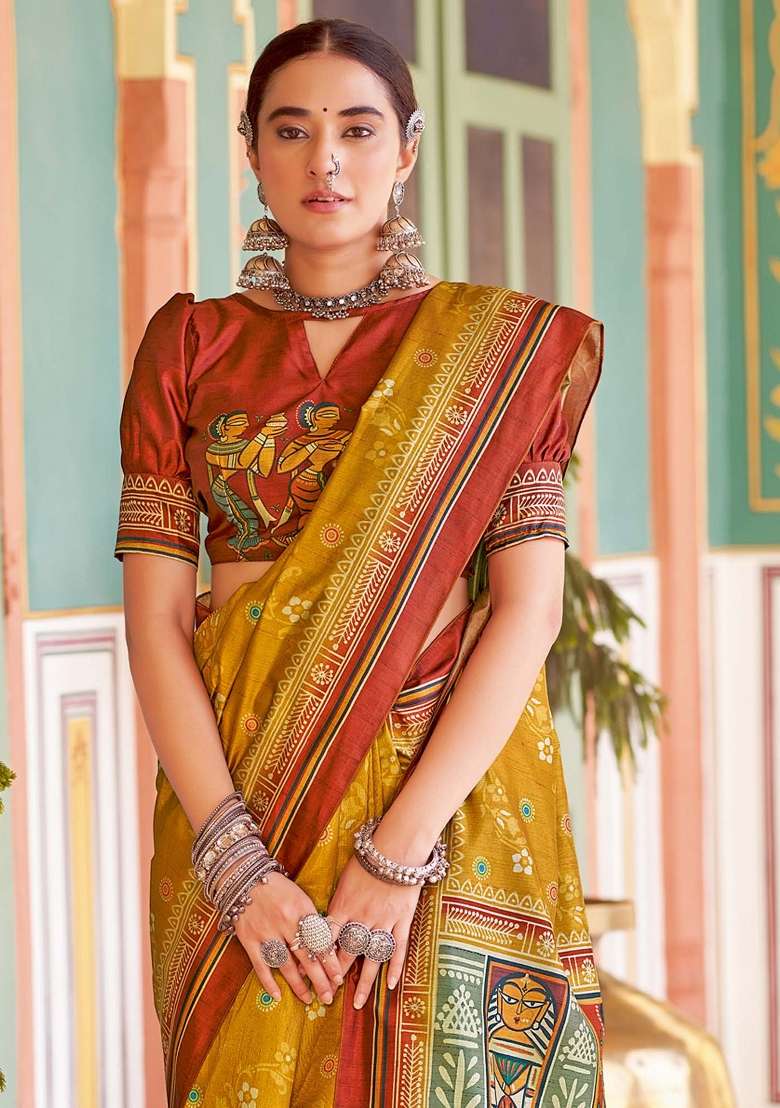 Mustard Printed Silk Blend Saree Set - Indya